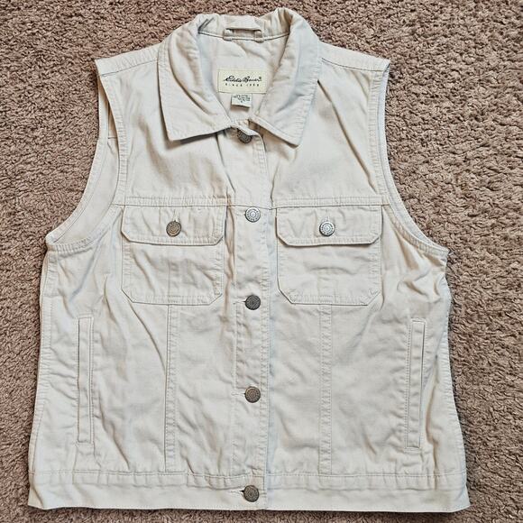 Vtg Eddie Bauer Utility Vest Womens Petite Small Khaki 100% Cotton 90s Y2K - Picture 1 of 9